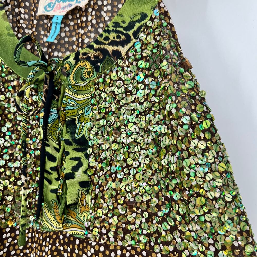 Vtg Faith Sequin Halter Cami Tank Top Women Large Mixed Animal Print Green Brown - Picture 4 of 11